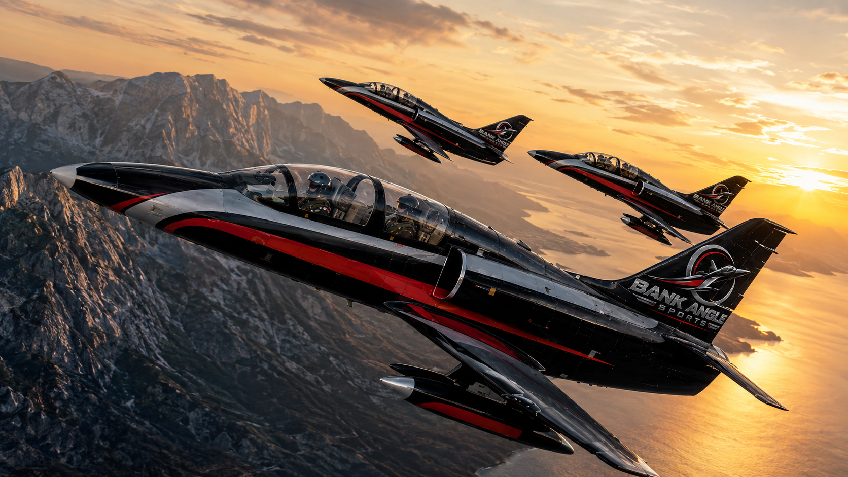 Bank Angle Sports L-39 formation over coastline